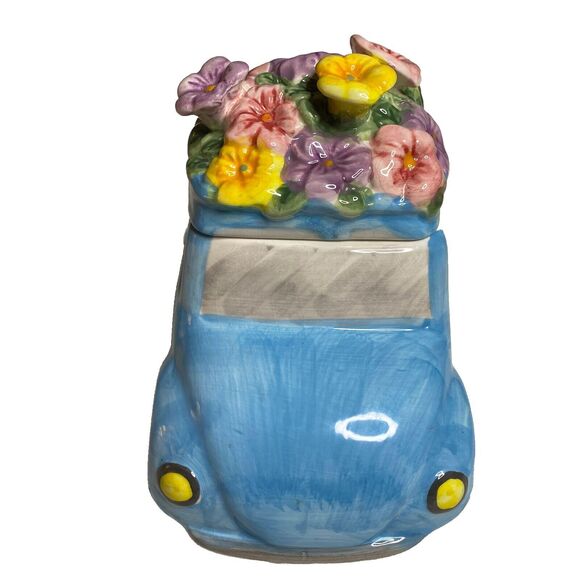 Vtg Maxcera Cookie Jar Volkswagen Beetle VW Bug Car Blue Ceramic Spring Flowers - Picture 3 of 10